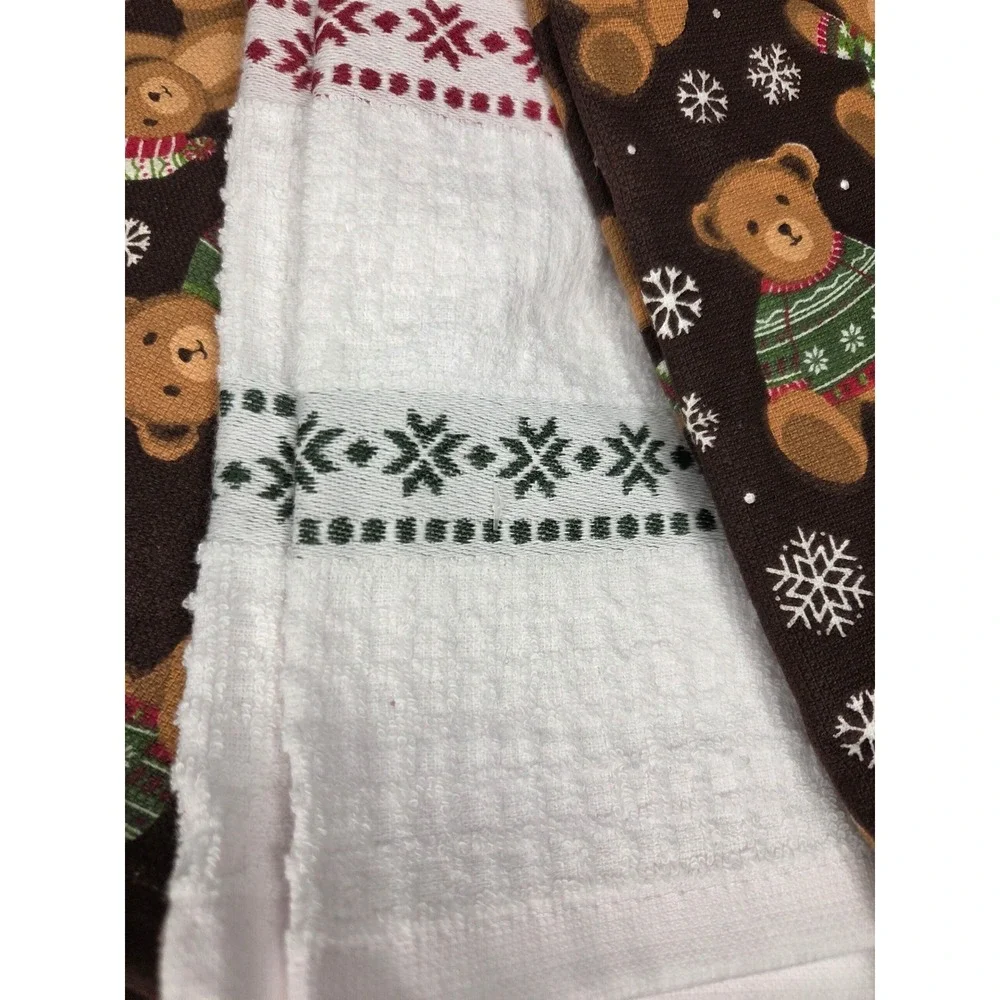 Cynthia Rowley Christmas Teddy Bear Kitchen Towels Set Organic Cotton Brown New